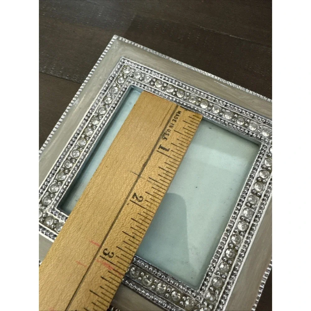 Vintage Enamel Sage Green Metal Picture Frame Rhinstone Border  3x3